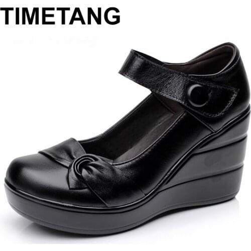 TIMETANG 2020 Spring Autumn Genuine Leather Women Fashion High Heels Wedge Pumps Black Color Female Platform Shoes