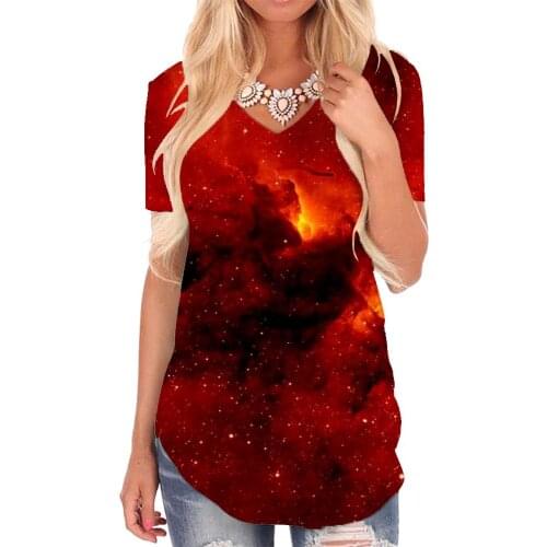 Giyu Brand Galaxy T Shirt Women Nebula V-neck Tshirt Space Tshirts Printed Red Shirt Print Womens Clothing Summer Loose Style