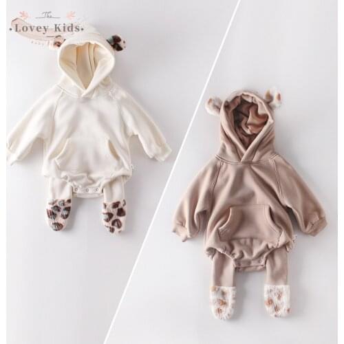 2020 Winter Baby Girl Bodysuits Hooded Fall Boutique Outfits Warmer Woolen Long Sleeve with Pockets Sweatshirt Leopard Patchwork