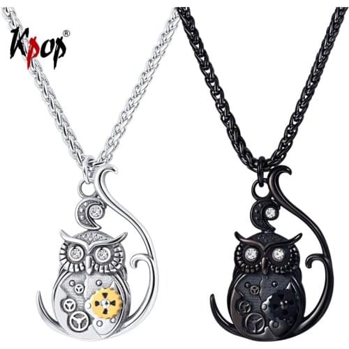 Kpop Steampunk Sprocket Owl Pendant Necklace Gothic Jewelry Stainless Steel Black Watch Mechanical Bird Necklace for Men P3274