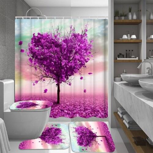 3D Violet Love Shape Tree Print Valentines Day Bathroom Shower Curtain Non-Slip Rug Set Pedestal Rug Lid Toilet Cover Bath Mat