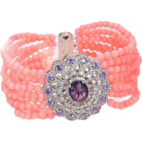 JK 8 Strands Pink Coral Bracelet CZ Connector For Women Lady Jewelry For Women