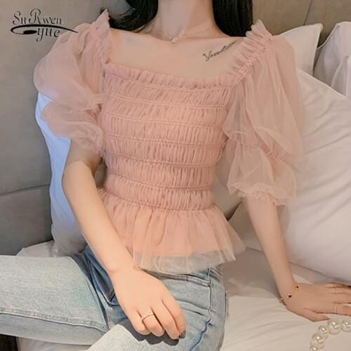 Korean Style Puff Sleeve Chiffon Blouses blusas mujer de moda 2020 Summer Short Sleeve Solid Mesh Blouse Short Top Female 10026