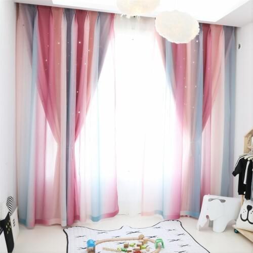 Colours Gradient Stripe Layer 2 Curtains Tulle For Living Room Princess Bedroom Hollow Star Shading Curtain Window Treatments