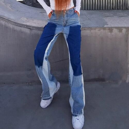 Baggy Jeans Patchwork 2021Summer New Fashion Temperament Street High Waist Slimming Stitching Contrast Straight Wide Leg Jeans