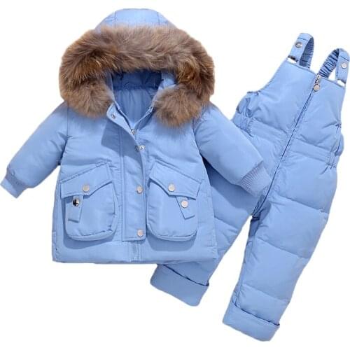 2pcs Set winter down jacket for girl and boys baby jumpsuit for children real fur collar warm boy Overalls for infant 0-3Years