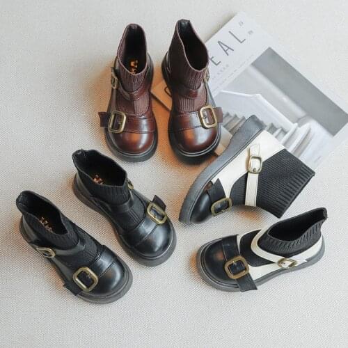 Girls' Leather Boots 2021 Autumn New Childrens Knitted Socks Boots Big Childrens British Style Casual Boots Fashion Lady Shoes