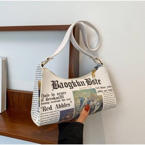 Fashion Women Newspaper Printing PU Leather Shoulder Underarm Bag Casual Ladies Small Purse Handbags