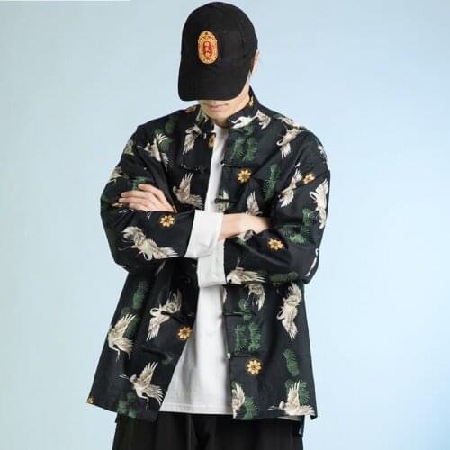 2020 Chinese Style Clothes Tang Suit Crane Print Hanfu Men Clothing Retro Coat Ethnic Fashion Asian Streetwear Jacket KK3342