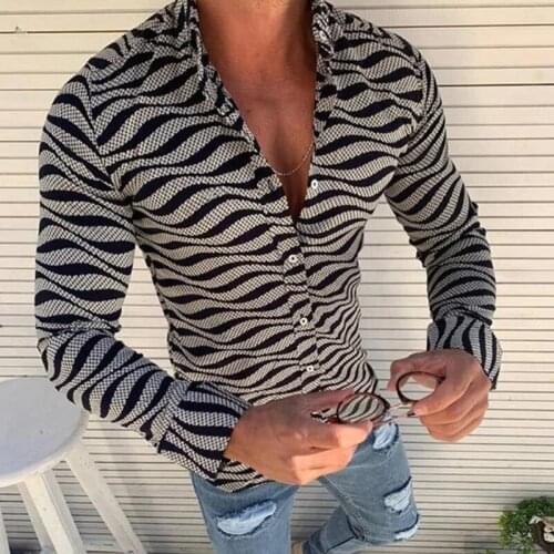 2021 Spring Vintage Striped Printed Slim Shirts Men Long Sleeve Casual Shirt Mens Turn-down Collar Buttoned Tops New Streetwear