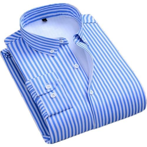 Aoliwen Men winter blue white stripe warm shirt thicken Plush anti wrinkle cold resistant soft long sleeve slim fit shirts