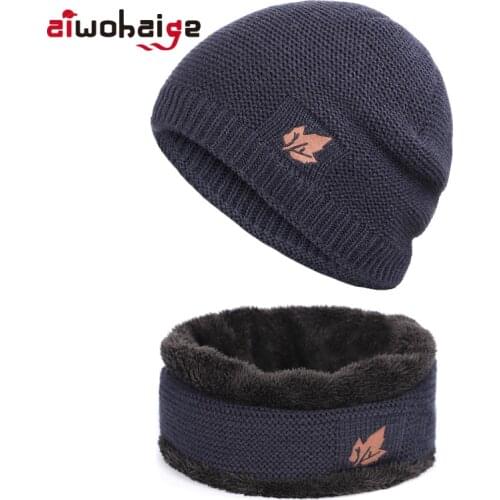 2019 Fashion Mens Winter Knit Beanies Hat Scarf 2 Pieces Set High Quality Men Plus Velvet Thicken Soft Cap Scarves Warm Male