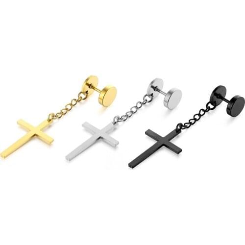 Fashion Personality Cross Pendant Dumbbell Male Stud Earrings Jewelry Punk Eardrop Titanium Steel Stainless Steel Metal Classic