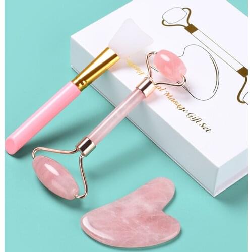 100%Rose Quartz Jade Roller Face Slimming Massager Face Lifting Natural Jade Stone Facial Massage Roller Skin Care Beauty SetBox