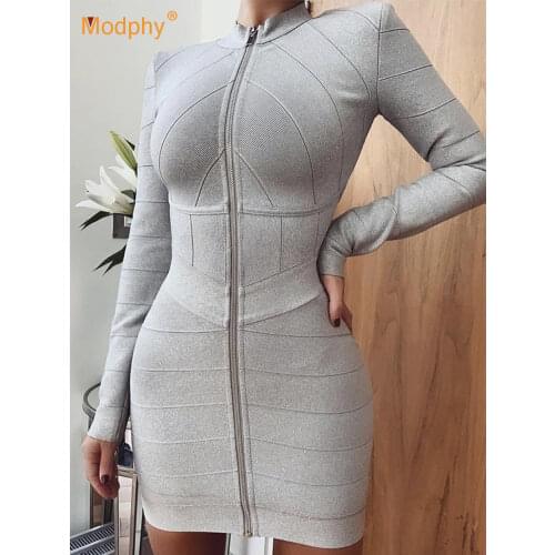 2020 Autumn Fashion New Womens Sexy Gray Long Sleeve Zipper Stand Collar Bandage Dress Bodycon Club Party Mini Dress Vestidos