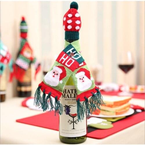 New Christmas Bottle Decoration Scarf&Hat Knitted Red Wine Bottle Kit Santa Claus Snowman Elk Hat For Wedding Party Table Decor