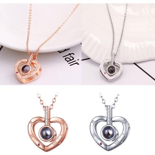MagiDeal I Love You Memory Necklace Crystal Heart Pendant Nano Glass 100 Languages