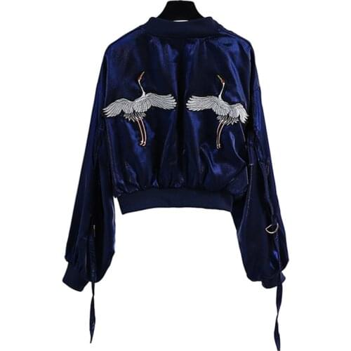 PERHAPS U Women Outwear Bomber Jacket Zipper Pocket Sport Navy Blue Crane Back Appliques Satin C0030