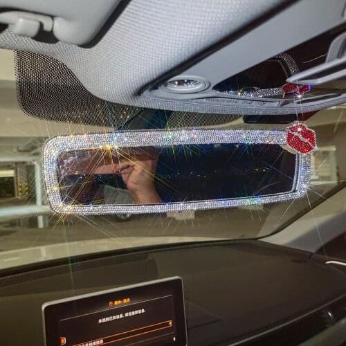 Car Diamond Rear View Mirror Crystal Charms Women Interior Styling Ornament Decor Glitter Accessories for Girls Lips Crown