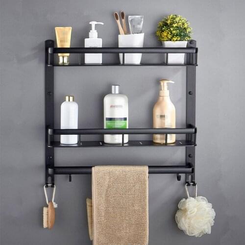 Bathroom Black Shelf Aluminum Shower Caddy Corner Shelves Bath Towel Rack with Bar Hook Hair Dryer Holder etagere salle de bain