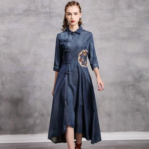DUISNENA boho dress casual cotton blue denim women dresses high neck floral embroidery cheongsam robe mujer vestidos