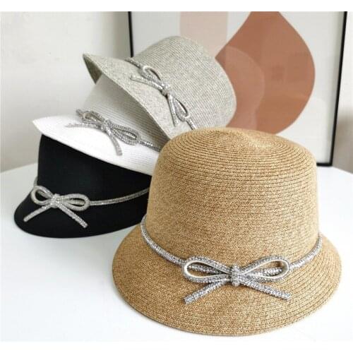 Summer New Style Straw Hat Women Elegant Bright Diamond Bow Short Brim Bucket Hat Korean Version Sunscreen Sun Hat