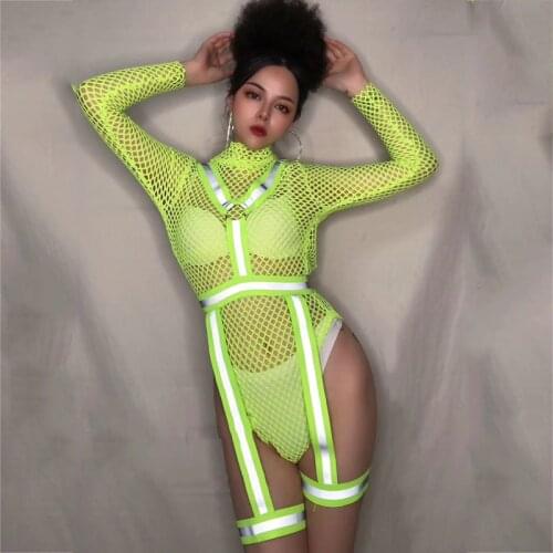 Reflective Elastic Band Fluorescent Green Net Bodysuit Gogo Performance Costumes Rave Outfits Pole Dance Festival Clothes XS2243