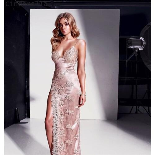 Cinderella V-Neck Spaghetti Straps Lace Applique Side Slit Evening Dresses Floor Length Zipper Back Prom Evening Dresses