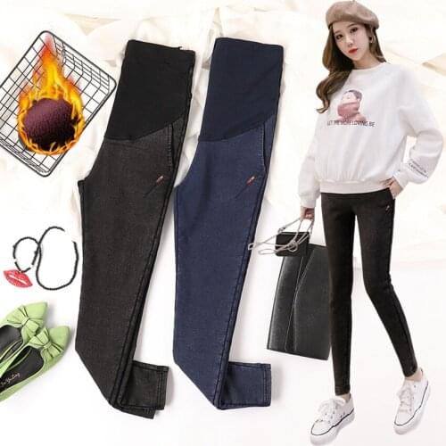 Pregnant women plus velvet jeans autumn and winter pregnant women support thicker warm pregnant women belly lift slimming pants