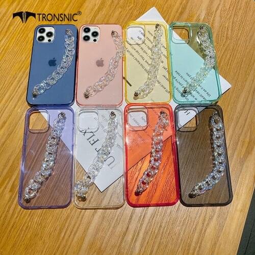 Candy Clear Chain Phone Case for iPhone 12 11 Pro Max XR Xs MAX Soft Purple Blue Wrist Case for iPhone 6 7 8 Plus Cover Landyard