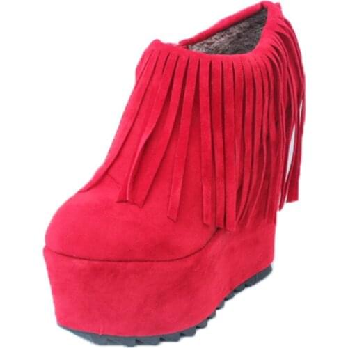 Women 15CM Wedges High Heels Stiletto Pumps Bridal Wedding Shoes Flock ZIP Round Toe tassel Dress Sexy Party shoes for women