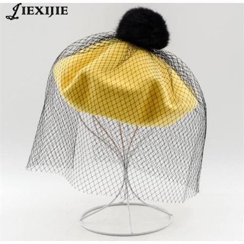 Women beret hat Rabbit hair ball mesh veil wool beret ladies pompom hat autumn winter solid color top quality painter caps girls