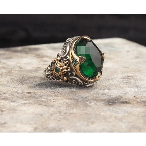 925 Sterling Silver Emerald Gemstone Men Silver Ring, Green Micro Zircon Stone Silver Ring For Men, Vintage Men Ring