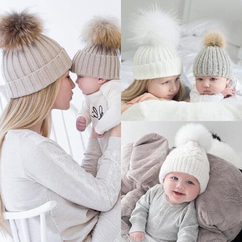 2Pcs Mother Kid Baby Child Warm Winter Knit Beanie Fur Pom Hat Crochet Ski Cap