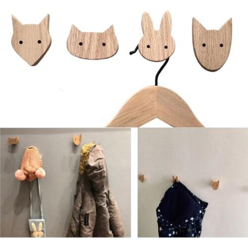 3pcs/pack Oak Walnut Wood Solid Hooks Cute Animal Fox/cat/rabbit/dog Children Room Decoration Wall Hook Key Holder Nordic Hanger