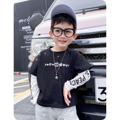 Baby Boys Long Sleeve T Shirt Spring Autumn New Kids Baby Fashion Fake Two T-shirts Flash Print Cotton Tee Tops For Boys 2-9 Y