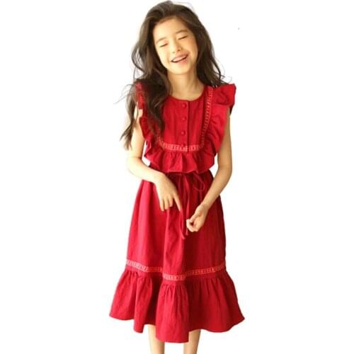 4 -14 Yrs Teenage Girls Red Long Dress 2020 Summer Elegant Ruffle Girls Sleeveless Frocks For Girls Simple Cotton Dress