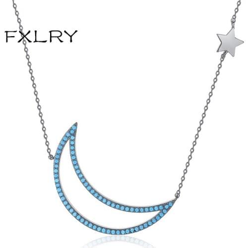 FXLRY Elegant Gun Black with Blue Cubic Zircon Stones Moon Pendant Single Star in Chain Necklaces for Girl to gift Fashion Jewe