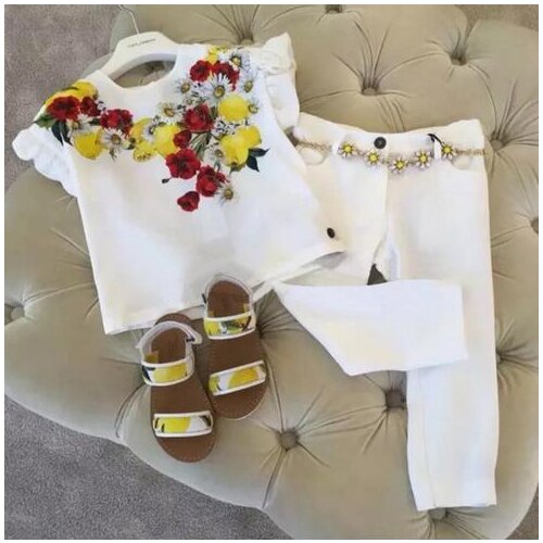 2017 New Children Girl Summer Clothing Set,flowers Print Short Sleeved T-shirt+ Pant, Fashion Girls 2pcs Pants Suits