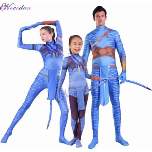 New Avatar 2 Cosplay Costume Movie Jake Sully Neytiri Bodysuit Suit Zentai Jumpsuits Halloween Costume For Women Men Girls Kids
