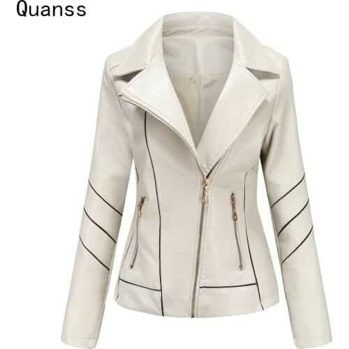 Quanss Faux Leather Jacket Womens 2021 Fashion Spring Autumn Slim Moto Biker Zipper Jacket Female Long Sleeve Pu Coat