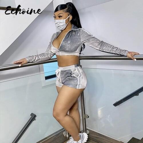 Patchwork Long Sleeve Crop Top and Shorts Sets Sparkle Daily Outfit Lounge Wear Glitter Sexy 2 Piece Set Tracksuit Plus Size XL