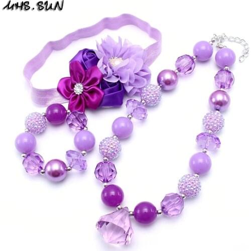 MHS.SUN Girls Cute Purple Beads Necklace Bracelet Hairbands For Kids Child Fashion Chunky Jewelry Set Handmade Accessories