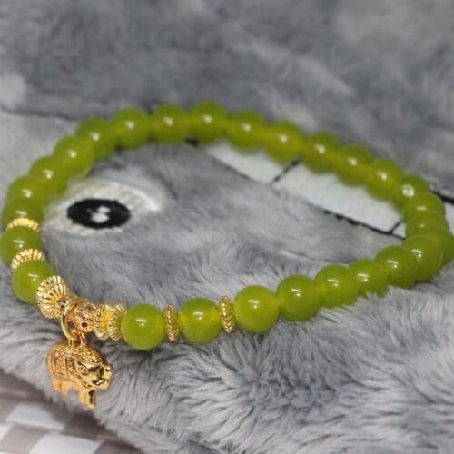 Fashion olive green chalcedony jades round beads 6mm gold-color pig accessory bracelet high quality women jewelry 7.5inch B1937