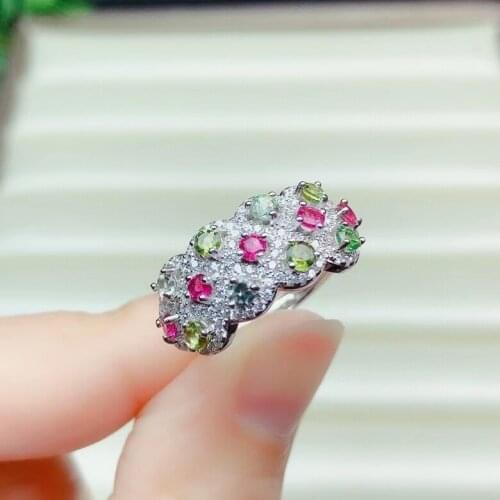 Fashion Sterling Silver Ring for Party Natural Multi-color Tourmaline Ring 925 Silver Tourmaline Jewelry Gift for Girl