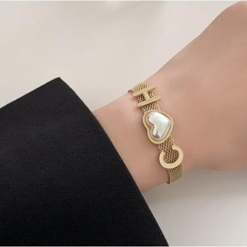 316L Stainless Steel 2021 New Fashion Upscale Jewelry Lovers Love Heart Pearl Charm Thick Mesh Chain Bracelets Bangles For Women