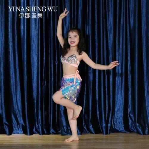 New Children Belly Dance Costumes Hot Sale Children Dance Show Clothing Bra+Sequin Hip Scarf Skirt Girls Dancing Performance Set