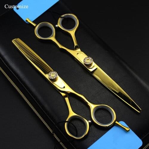 Customize logo/name Japan 440c 5.5 & 6 inch gold hair scissors haircut thinning barber hair cutting shears Hairdresser scissors
