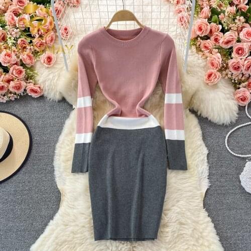 Autumn Winter 2021 Simple Warm Tight Dress Elegant Office Lady Dress Long Sleeve High Waist Pencil Stretch Knit Dress Women
