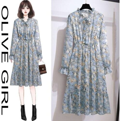 Plus Size Chiffon Floral Dress Female Spring/summer 2021 New Korean Retro High Waist Lantern Sleeve Mid-length Casual Dress